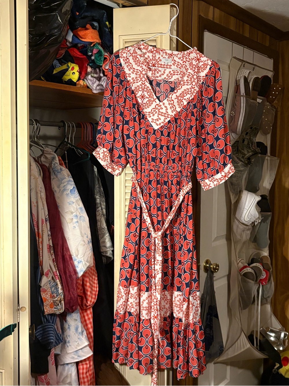 Red Floral-Print Midi Dress with Contrast Trim